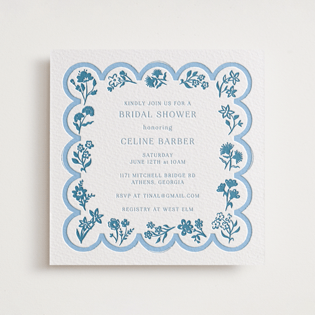 "Petite Jolie" - Letterpress Bridal Shower Invitations in Sky Blue by Hannah Bowman - Front