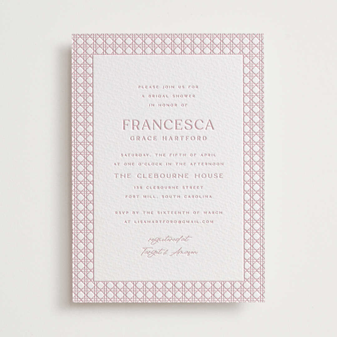 "delicate rattan" - Letterpress Bridal Shower Invitations in Classic Pink by Ellen Schlegelmilch - Front