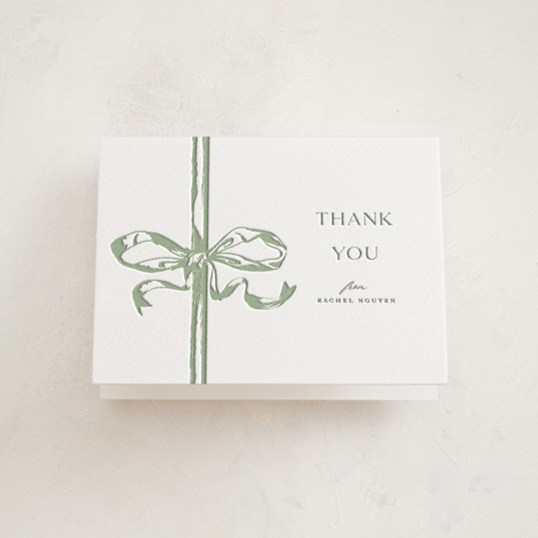 "Big Bow" - Letterpress Baby Shower Thank You Cards in Mint by Teju Reval - Front