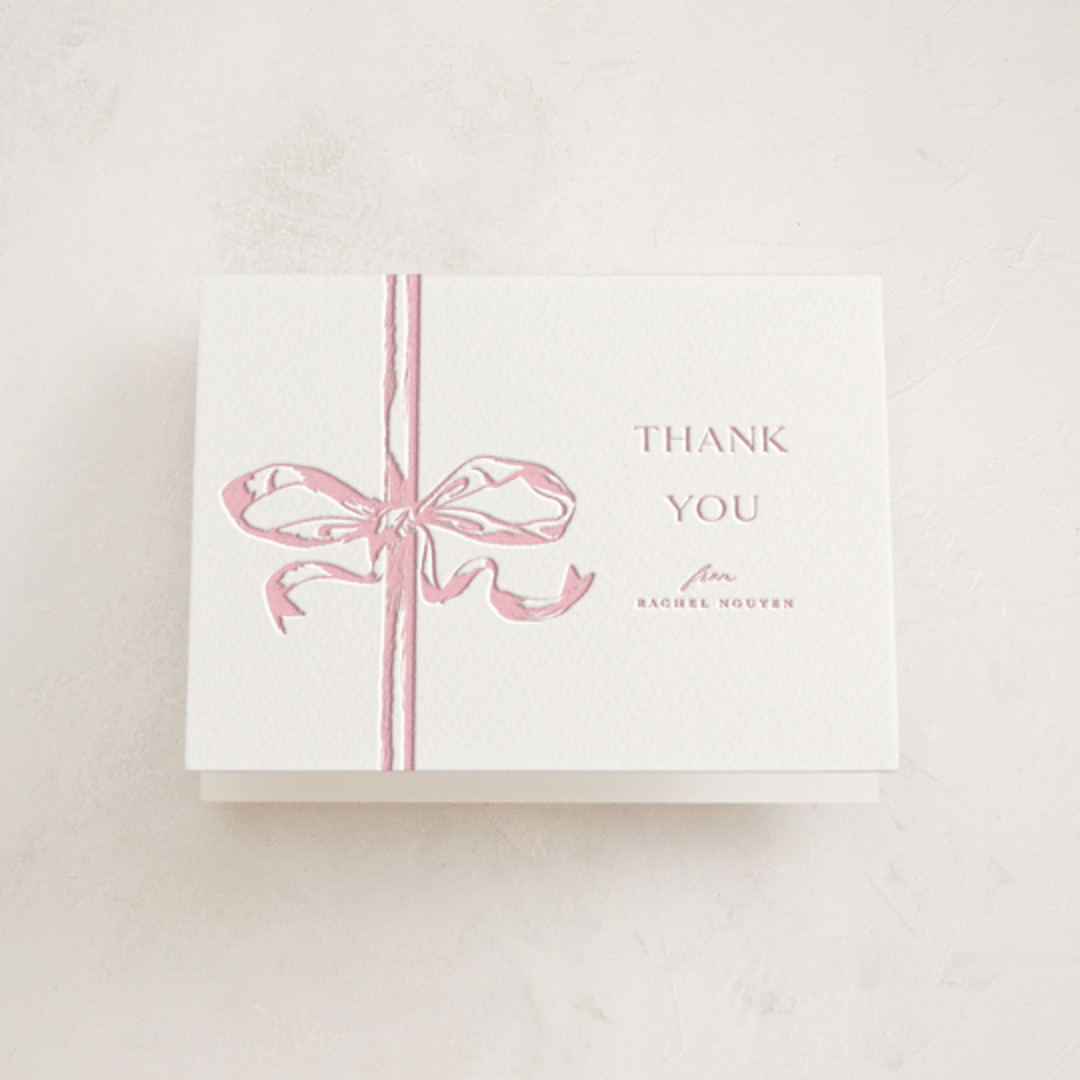 "Big Bow" - Letterpress Baby Shower Thank You Cards in Classic Pink by Teju Reval - Front