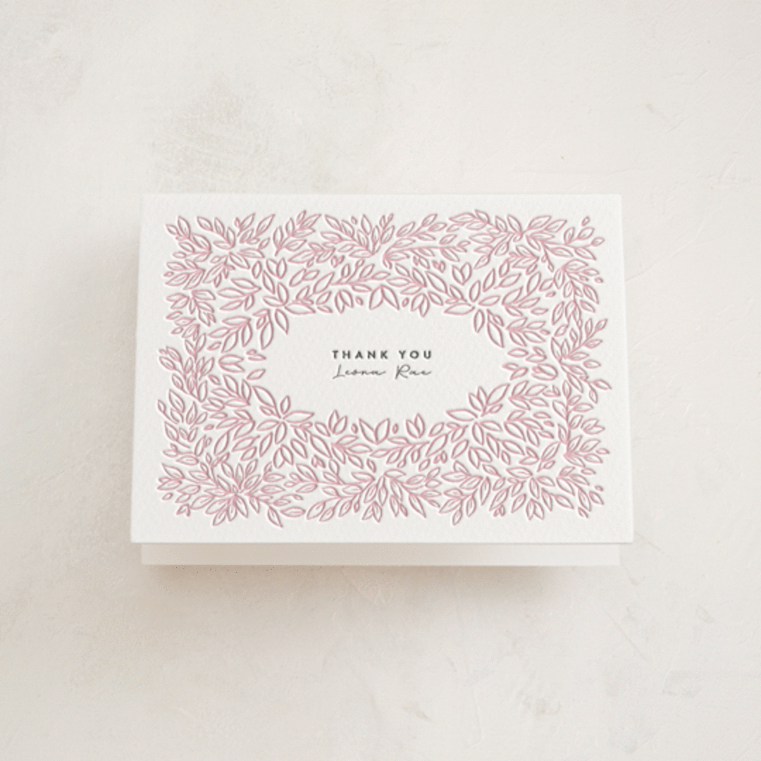 "Lovely Leaves" - Letterpress Baby Shower Thank You Cards in Classic Pink by Jessie Steury - Front
