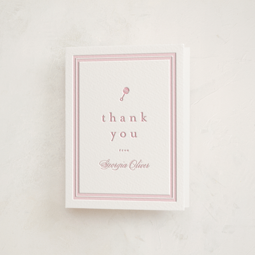 "Classic Start" - Letterpress Baby Shower Thank You Cards in Classic Pink by Carolyn MacLaren - Front