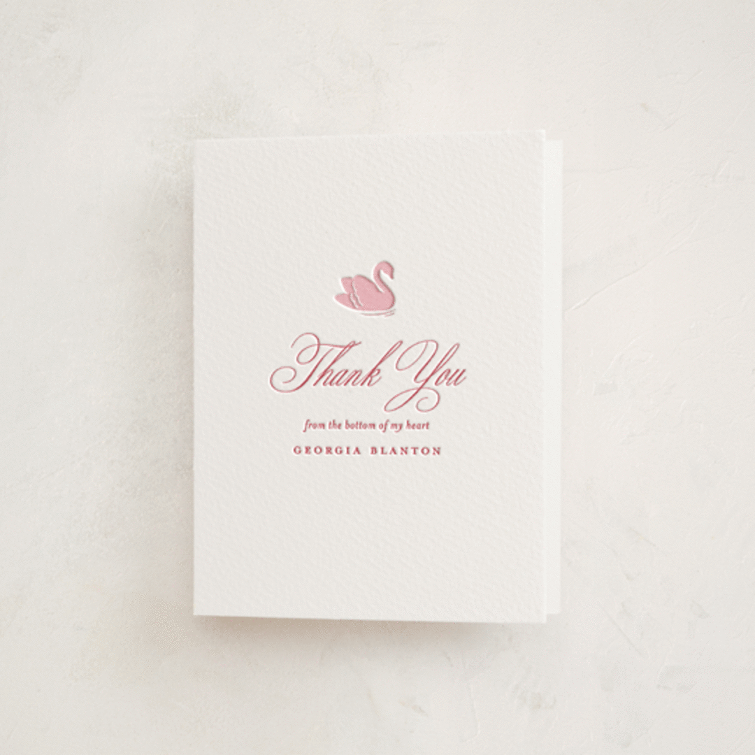 "Swan Shower" - Letterpress Baby Shower Thank You Cards in Salmon by Megan Davis - Front