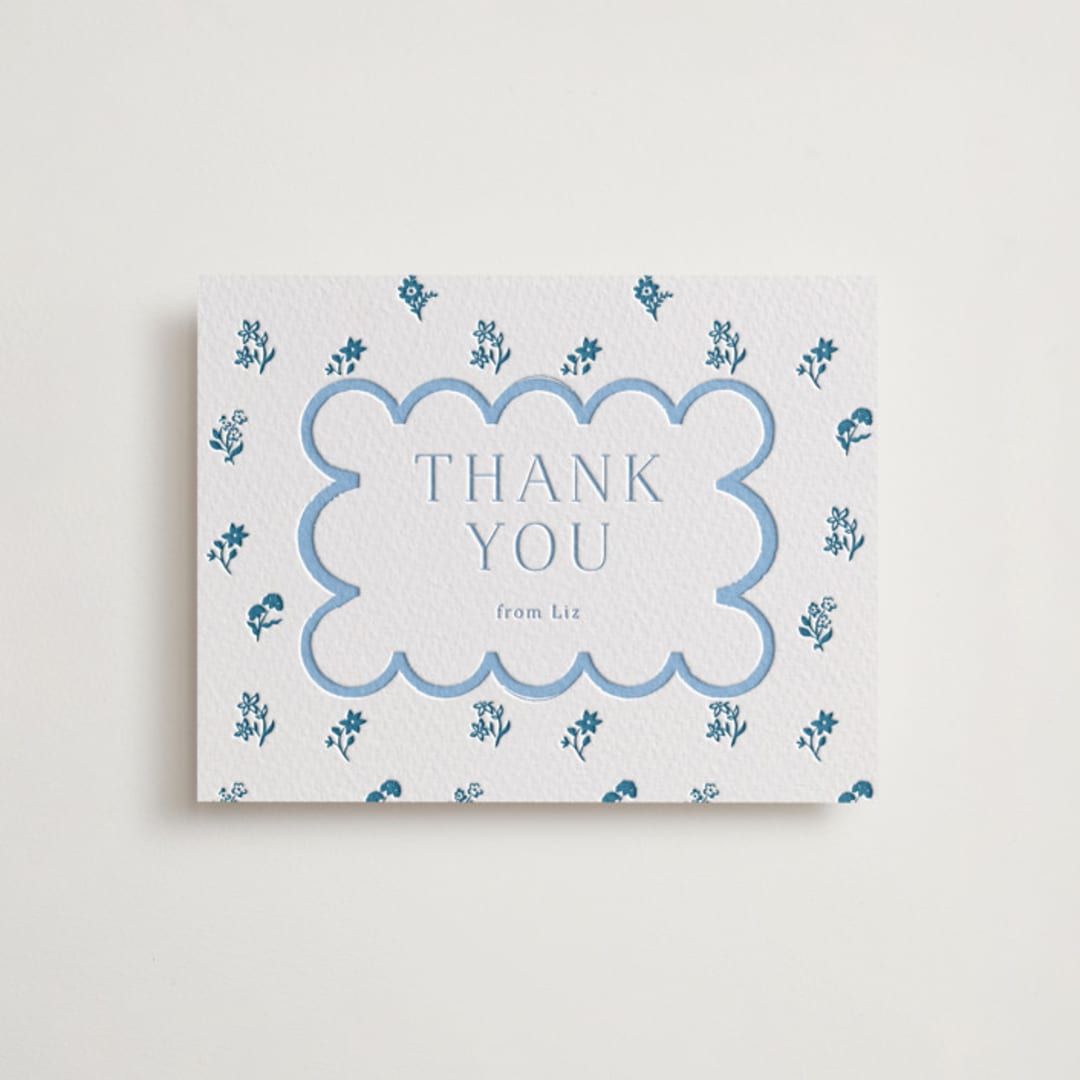 "Petite Jolie" - Letterpress Baby Shower Thank You Cards in Sky Blue by Hannah Bowman - Front
