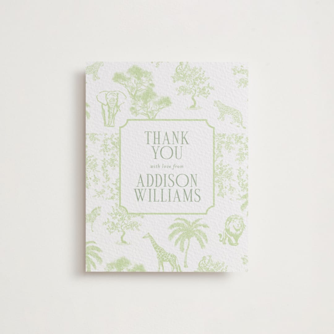 "Safari Toile" - Letterpress Baby Shower Thank You Cards in Mint by Jenna Holcomb - Front