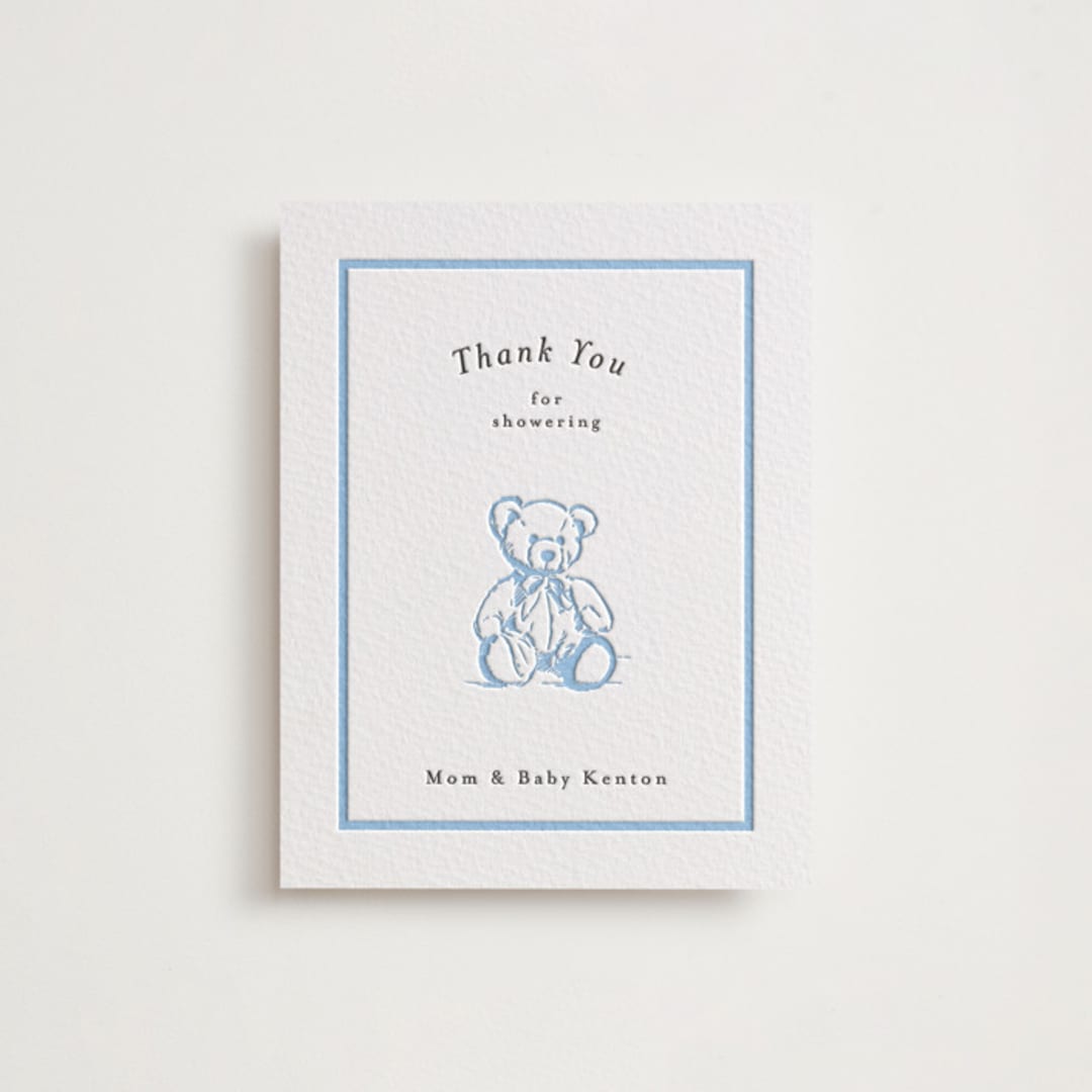 "Antique Teddy Bear" - Letterpress Baby Shower Thank You Cards in Sky Blue by Becky Nimoy - Front