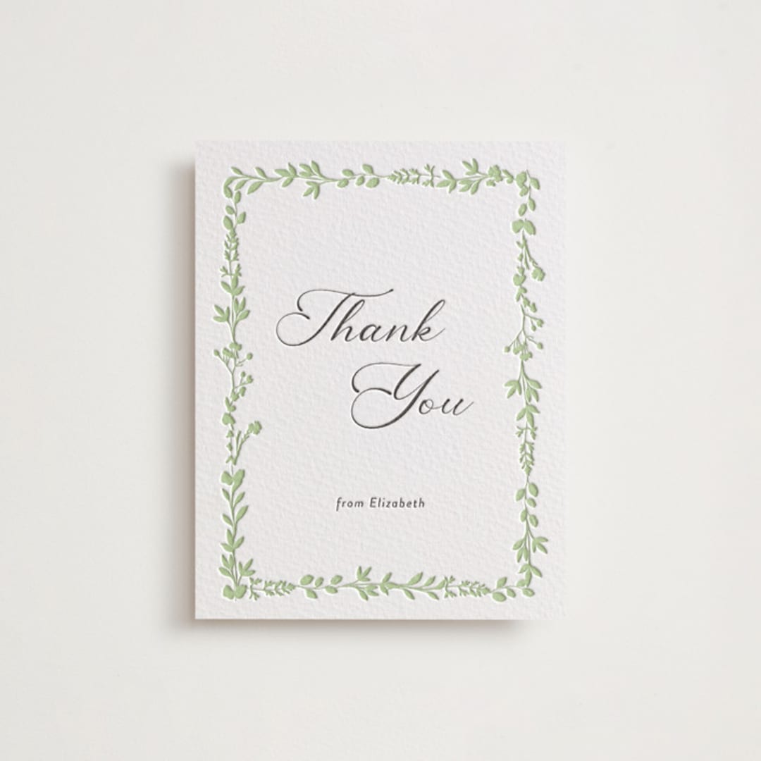 "Flower Garden" - Letterpress Baby Shower Thank You Cards in Tea Green by Susan Moyal - Front