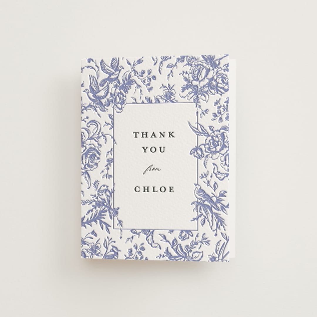 "Dreamy Toile" - Letterpress Bridal Shower Thank You Cards in Blueberry by Teju Reval - Front
