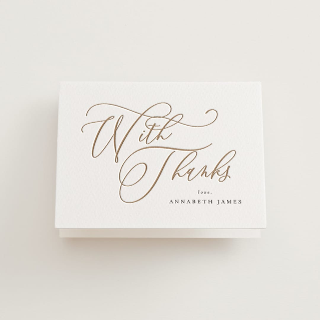 "Posh" - Letterpress Bridal Shower Thank You Cards in Matte Gold by Melanie Kosuge - Front