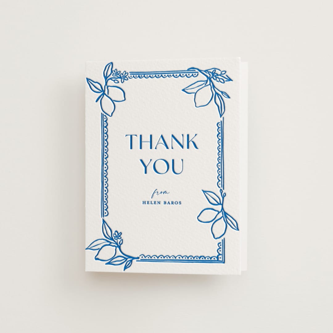 "Mediterraneo" - Letterpress Bridal Shower Thank You Cards in Sapphire by Pati Cascino - Front