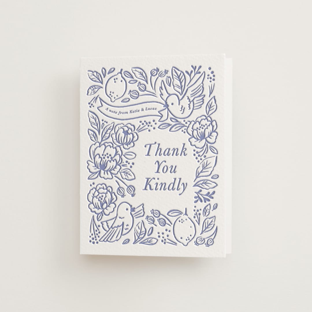 "Love Birds" - Letterpress Bridal Shower Thank You Cards in Periwinkle by Rebecca Smith - Front