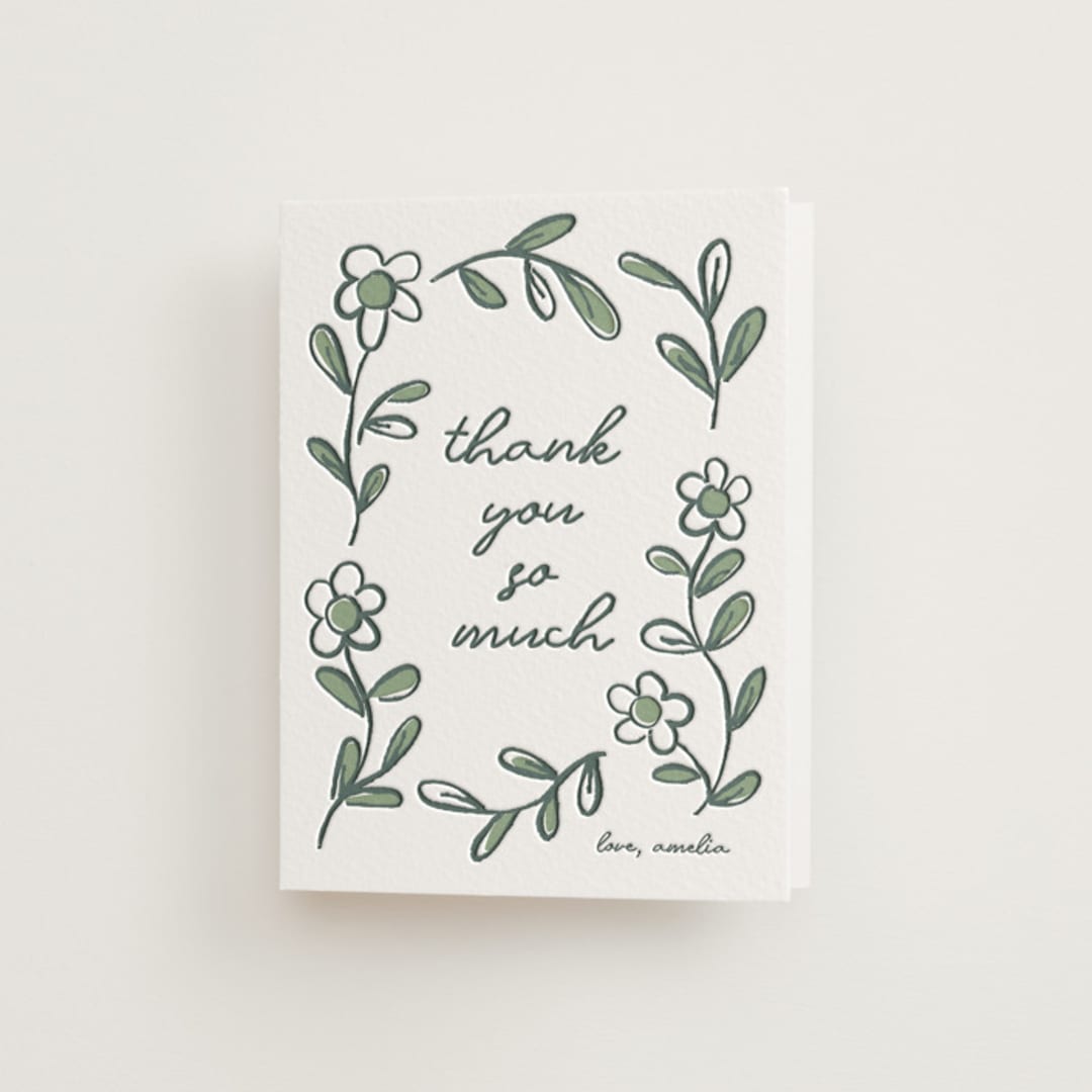 "Blooming" - Letterpress Bridal Shower Thank You Cards in Mint by Kelly Watkins - Front