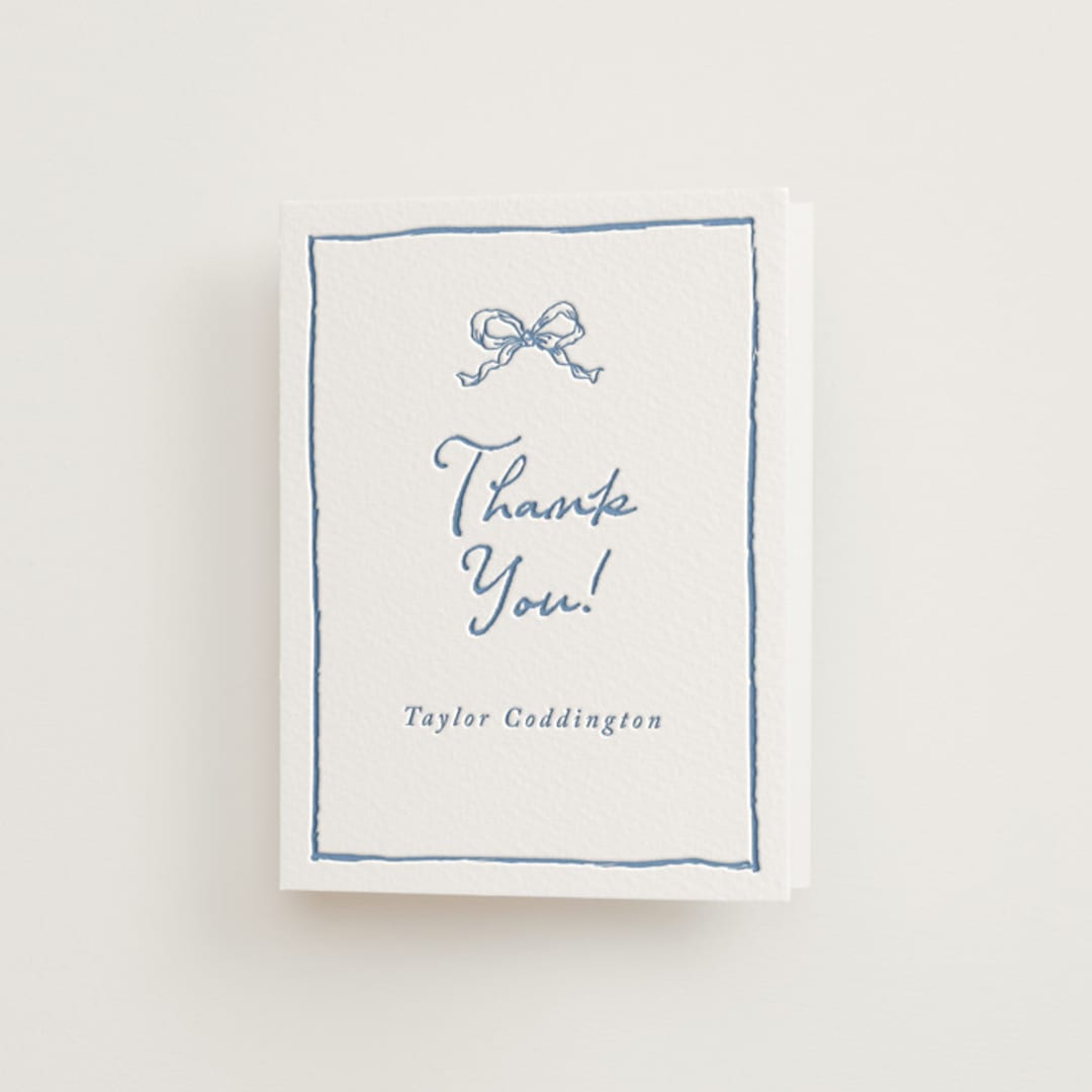 "ribbon bow drawing" - Letterpress Bridal Shower Thank You Cards in Provincial Blue by Cass Loh - Front