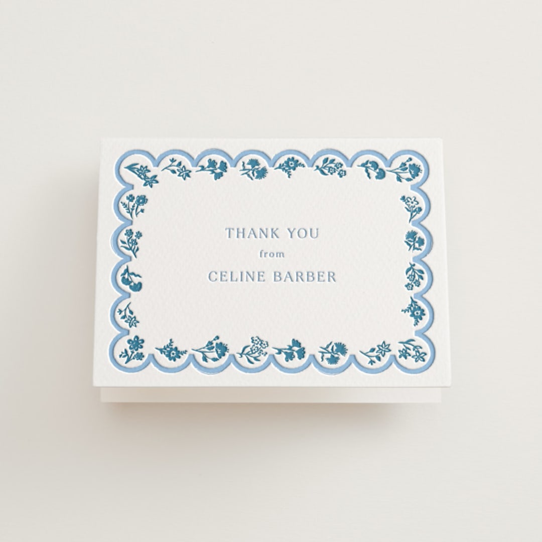 "Petite Jolie" - Letterpress Bridal Shower Thank You Cards in Sky Blue by Hannah Bowman - Front