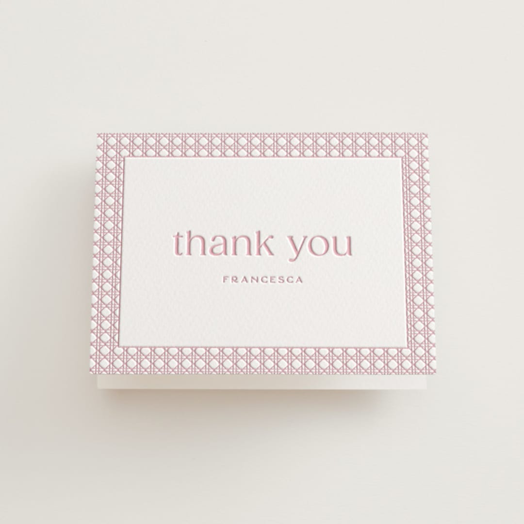 "delicate rattan" - Letterpress Bridal Shower Thank You Cards in Classic Pink by Ellen Schlegelmilch - Front
