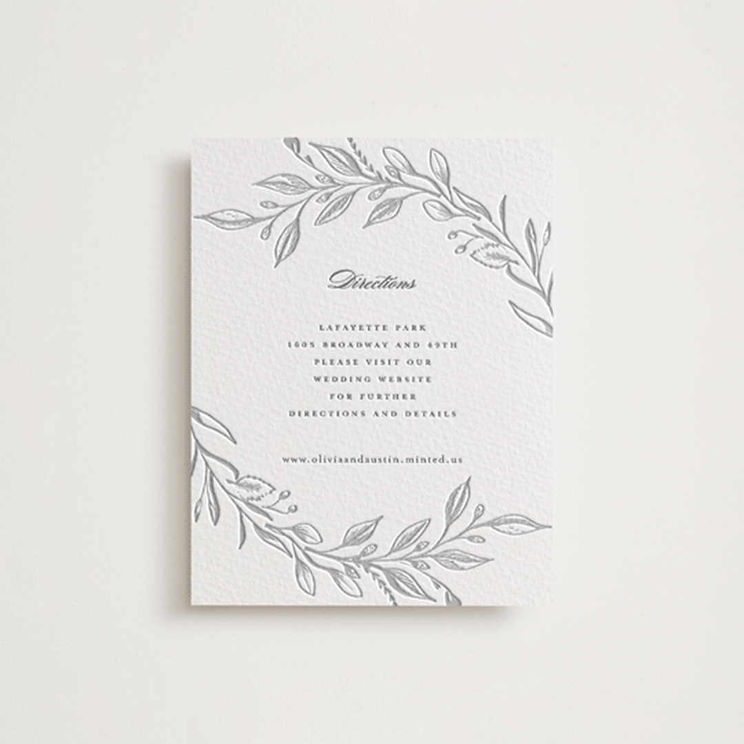 "Verdure Couronne" - Letterpress Direction Cards in Matte Silver | Pewter by Susan Moyal - Front