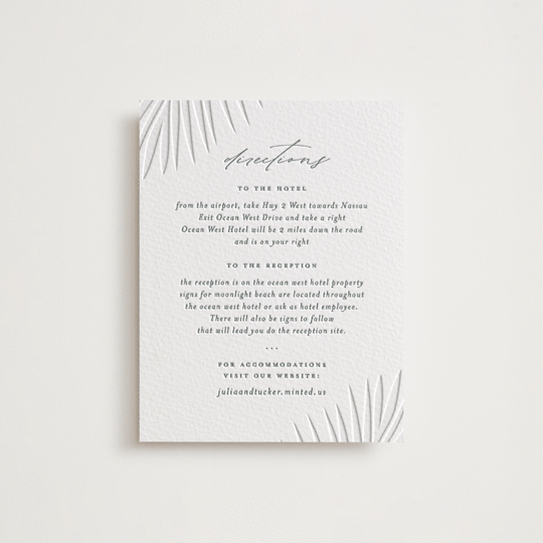 "Faded Palm" - Letterpress Direction Cards in Stone by Lauren Chism - Front