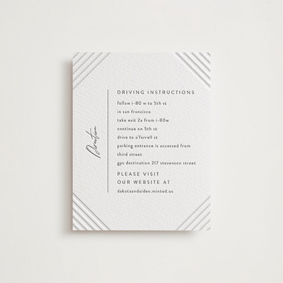 "Art Deco" - Letterpress Direction Cards in Pewter by Shannon Chen of Four Wet Feet Studio - Front