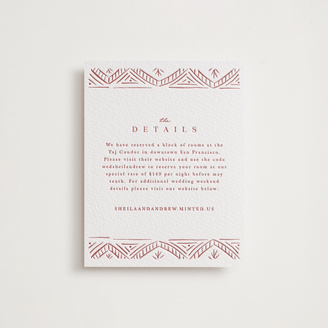 "Taj" - Letterpress Direction Cards in Rosewood by Kanika Mathur - Front