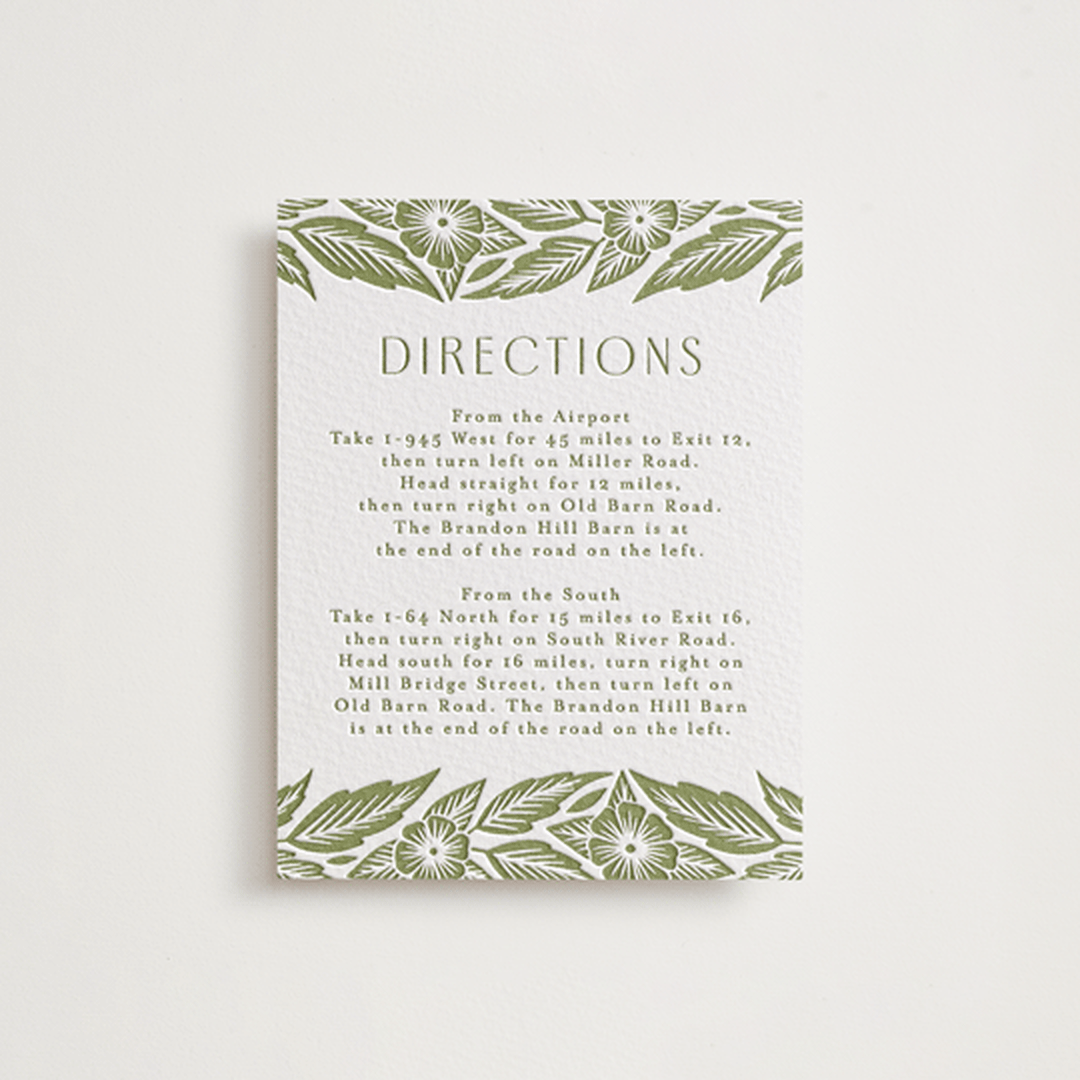 "Printed Floral" - Letterpress Direction Cards in Pistachio by Katharine Watson - Front