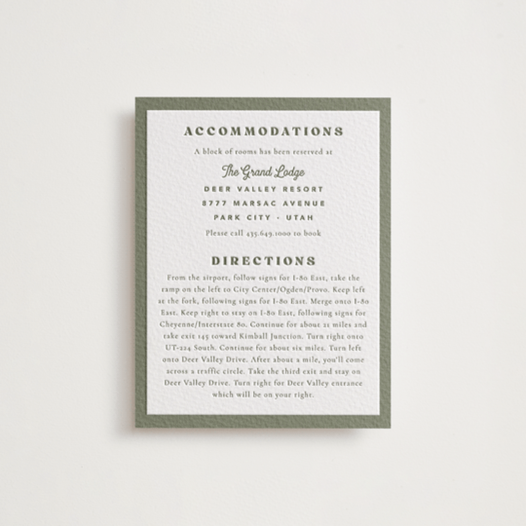 "Sequoia" - Letterpress Direction Cards in Moss by Robert and Stella - Front
