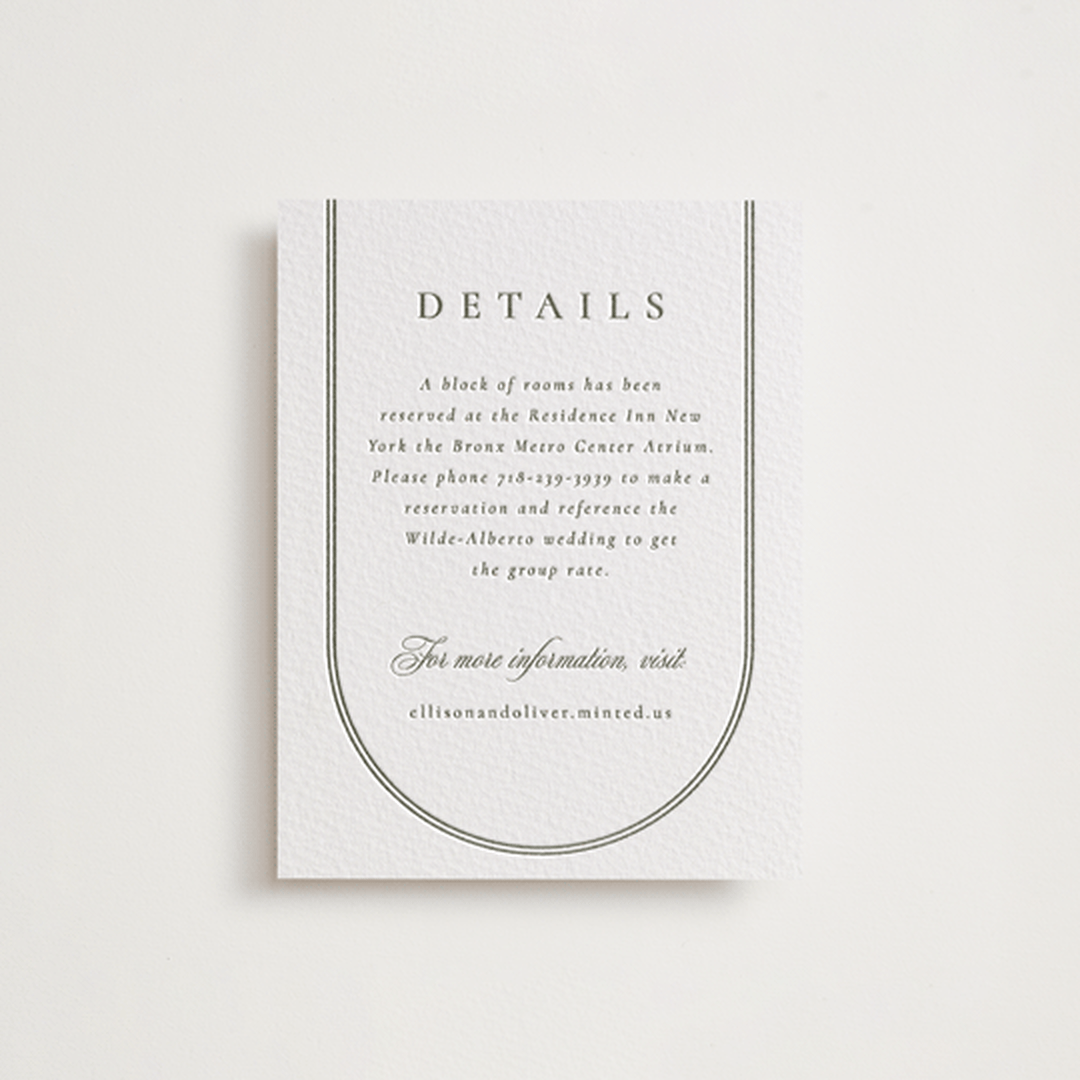 "Classic Arch" - Letterpress Direction Cards in Moss by Corinne Malesic - Front