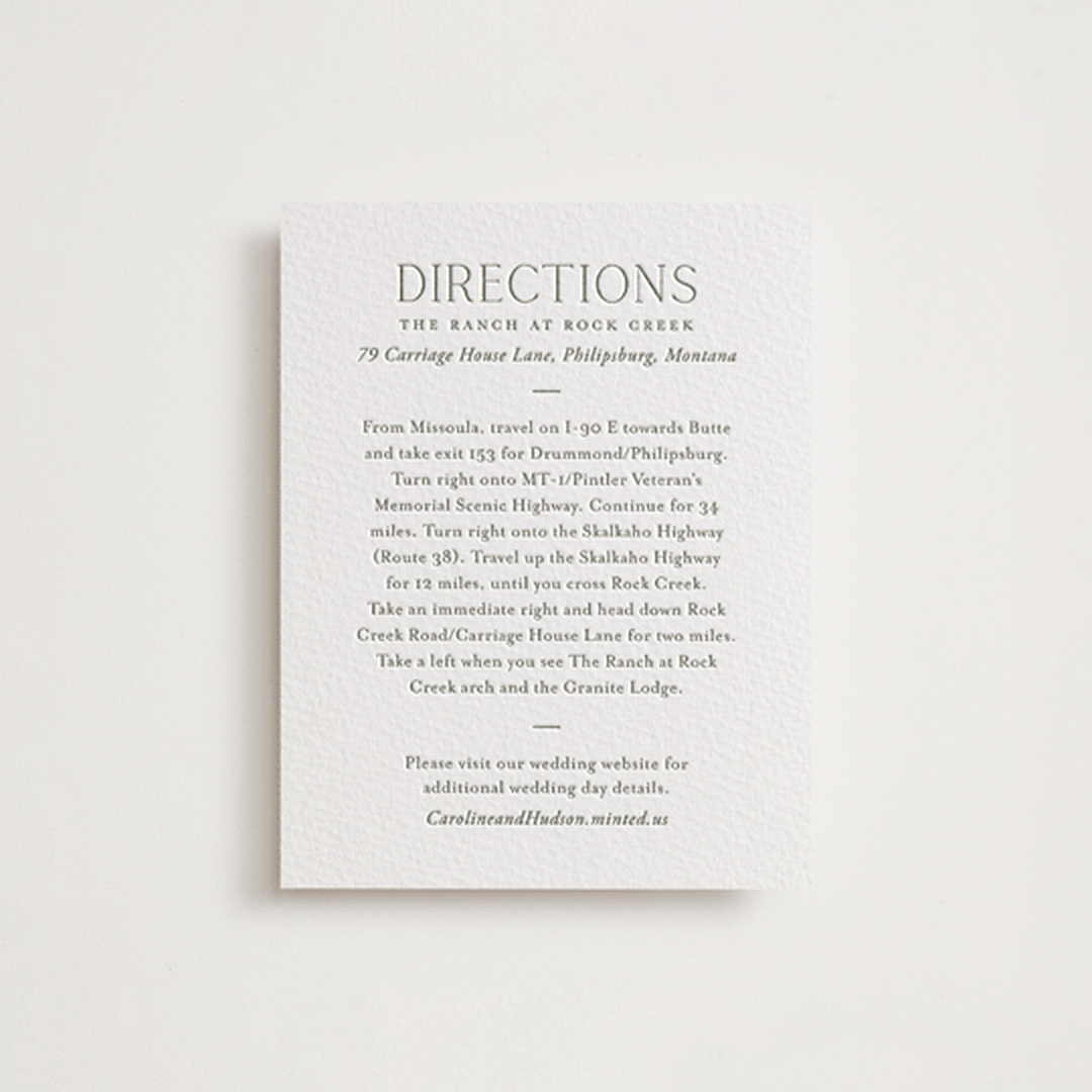 "Among the Evergreens" - Letterpress Direction Cards in Moss by Oscar and Emma - Karly Depew - Front