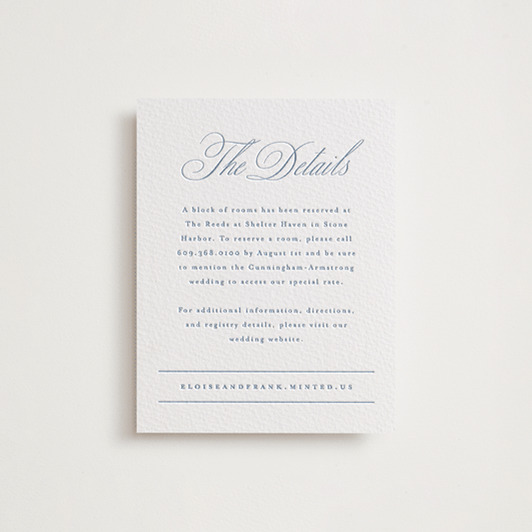 "Simple Formality" - Letterpress Direction Cards in Provincial Blue by Everett Paper Goods - Front