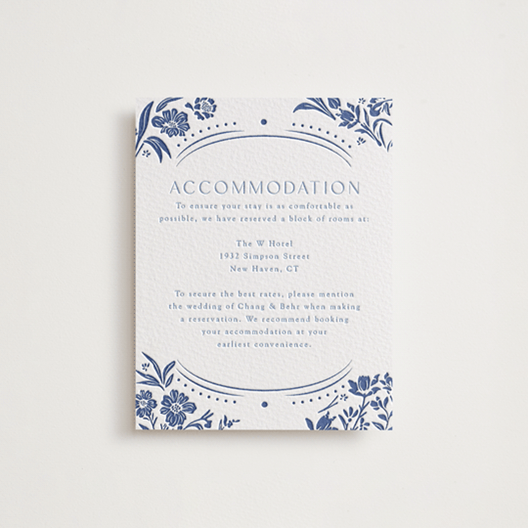 "Porcelain Garden" - Letterpress Direction Cards in Lapis by Corinne Malesic - Front