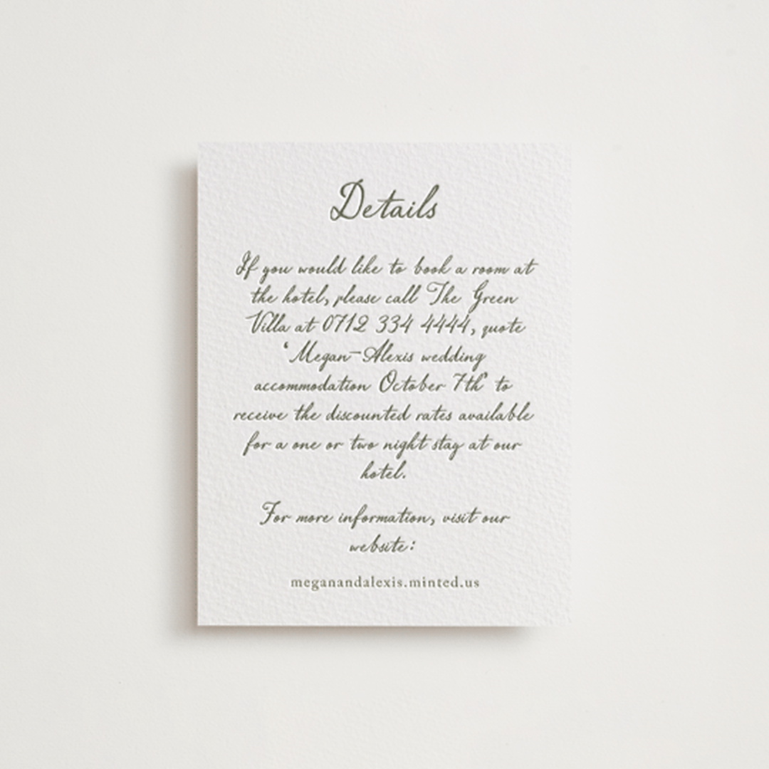 "Handwritten" - Letterpress Direction Cards in Moss by Cass Loh - Front
