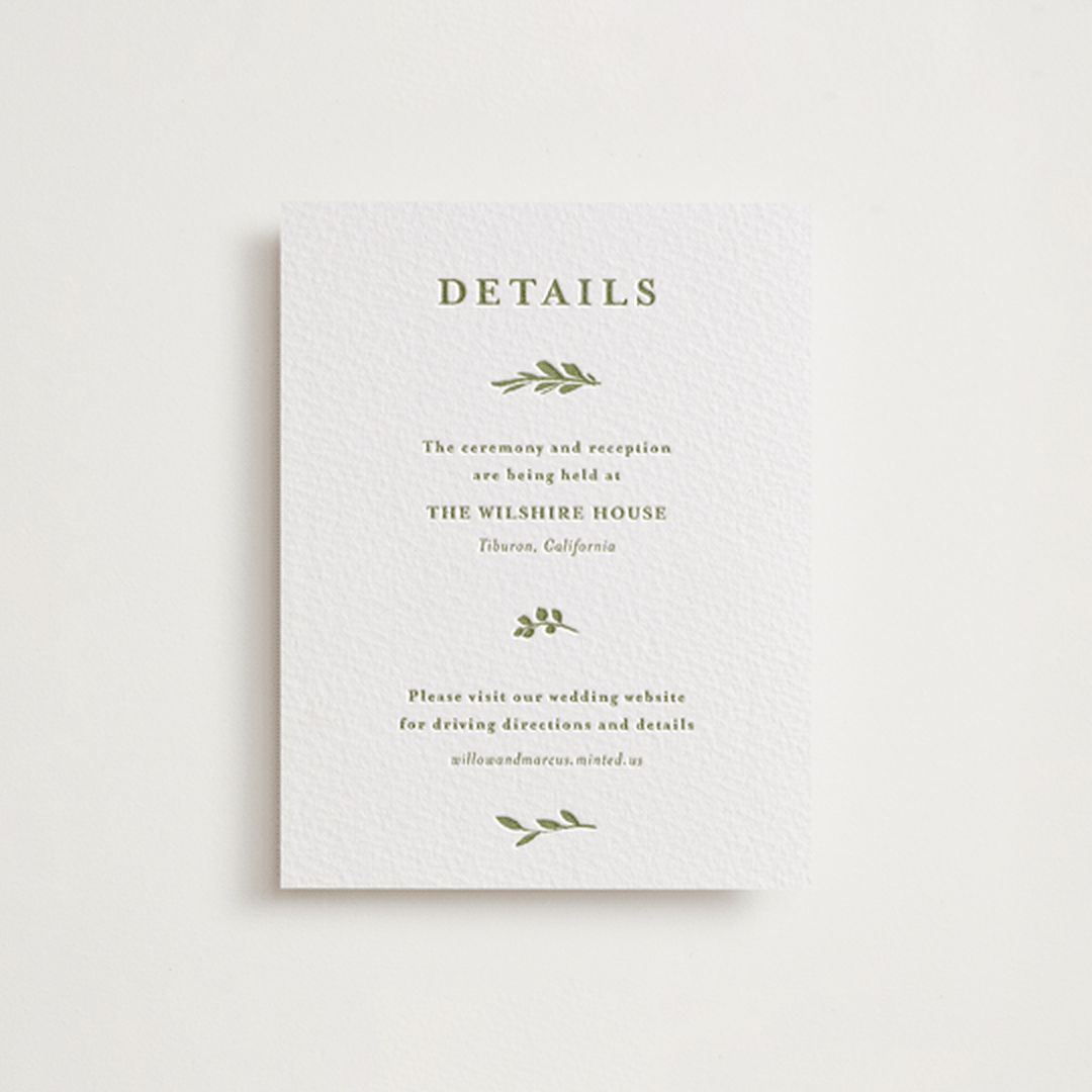 "Greenery Vine" - Letterpress Direction Cards in Pistachio by Susan Moyal - Front