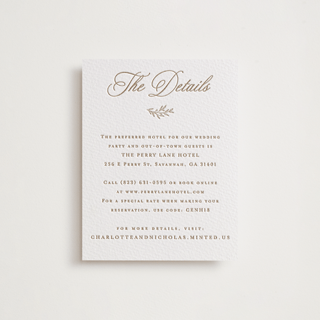 "Vineyard Script" - Letterpress Direction Cards in Matte Gold by Hooray Creative - Front