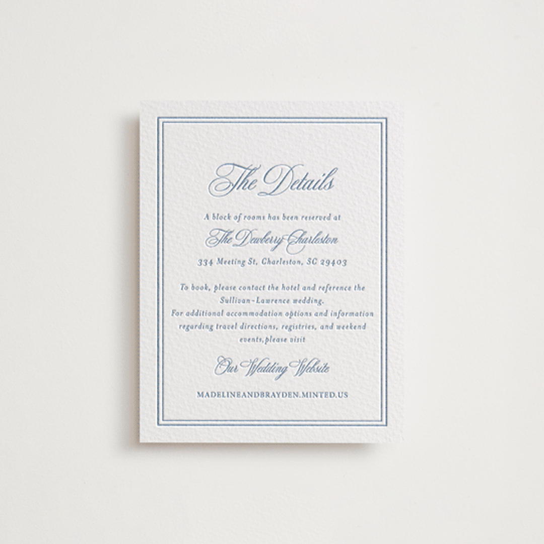 "The Chapel" - Letterpress Direction Cards in Provincial Blue by Melinda Denison - Front
