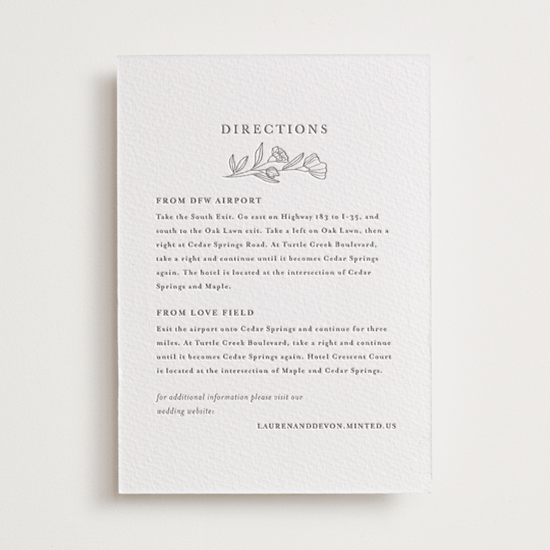 "Bouvardia" - Letterpress Direction Cards in Graphite by Deynaaz Daraei - Front