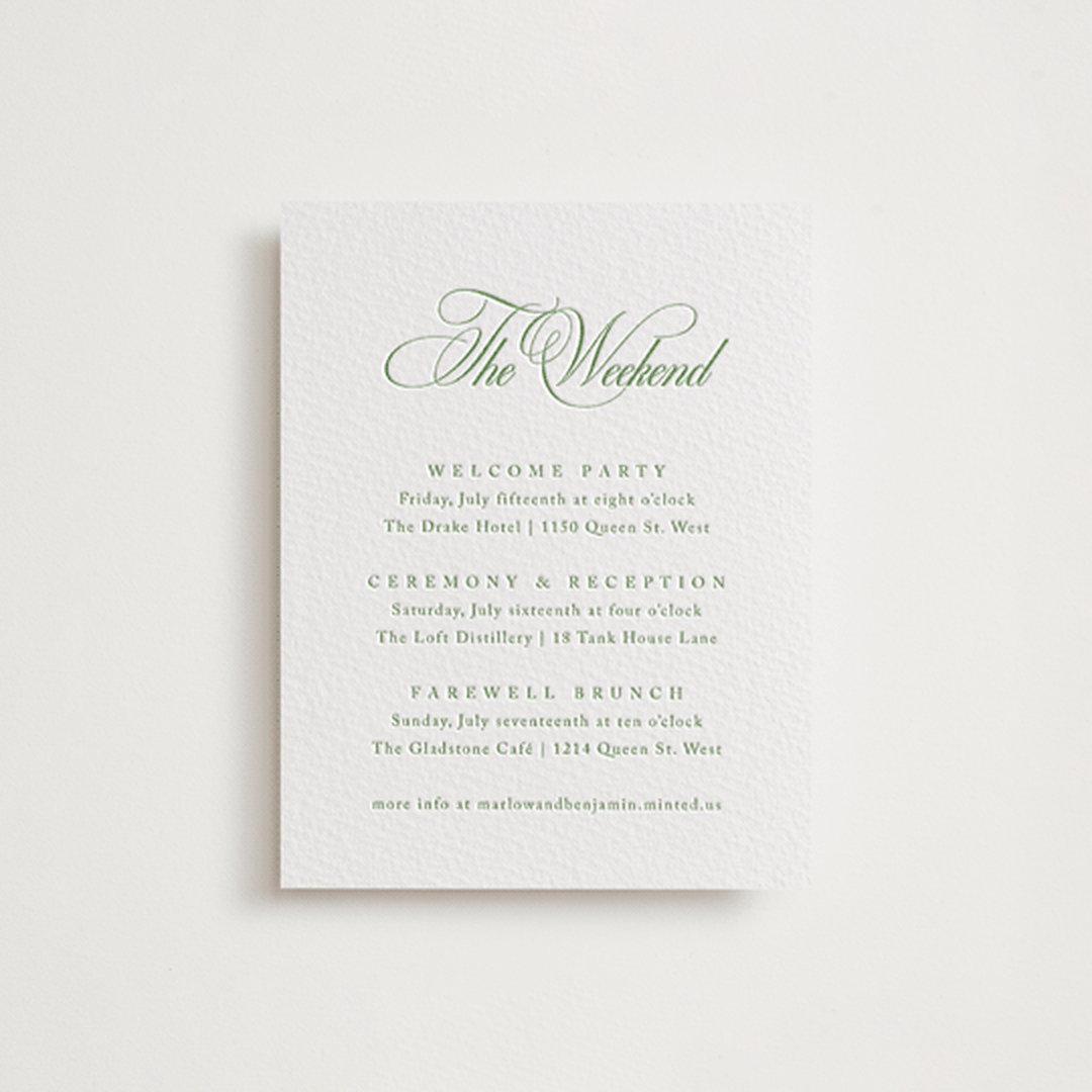 "Chic Script" - Letterpress Direction Cards in Cucumber by Kelly Schmidt - Front
