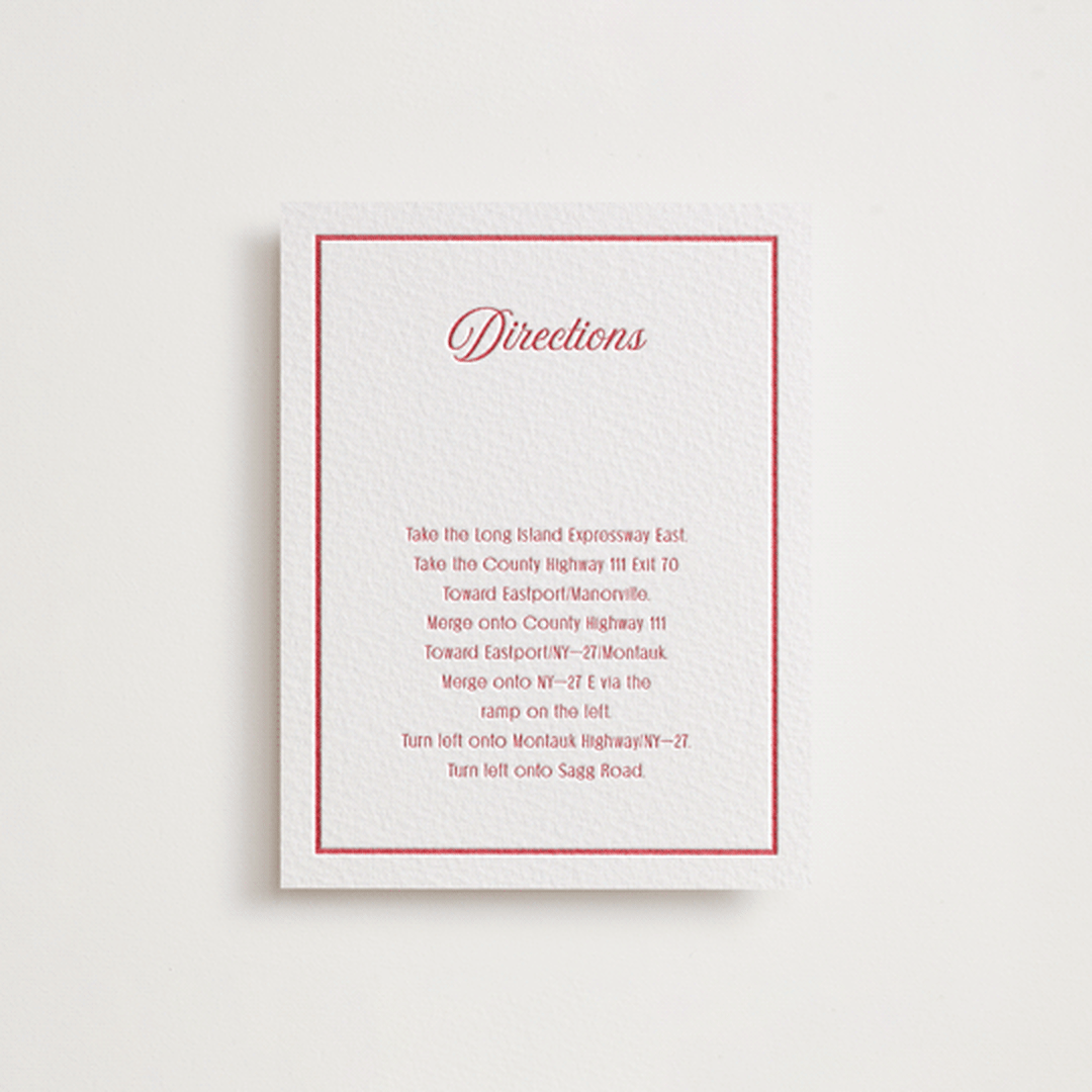 "Ritzy" - Letterpress Direction Cards in Scarlet by Nicoletta Savod - Front