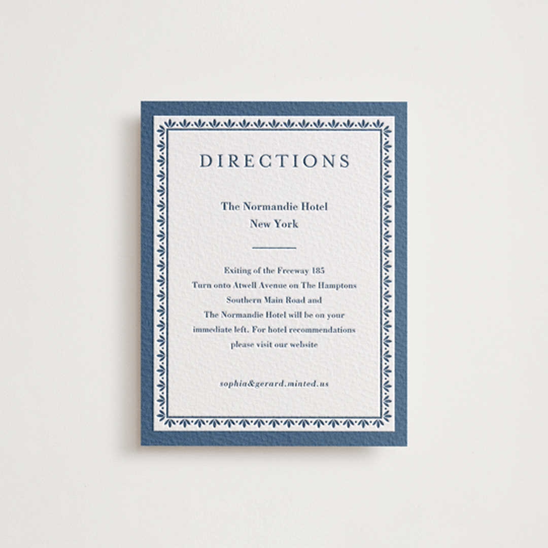 "Pressed Motif" - Letterpress Direction Cards in Indigo by Oma N. Ramkhelawan - Front