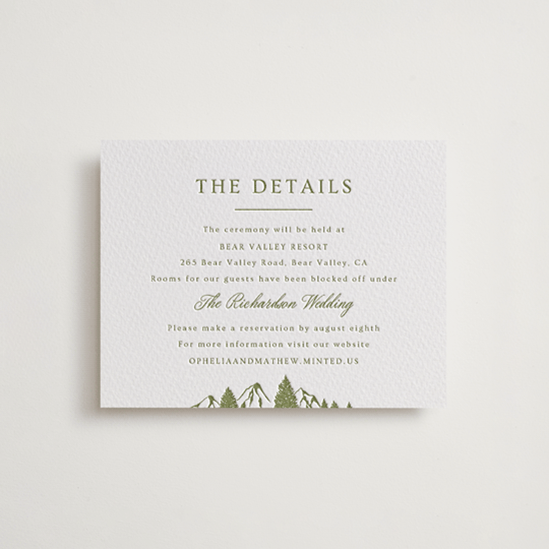 "Summit Meadows" - Letterpress Direction Cards in Pistachio by Ana Sharpe - Front