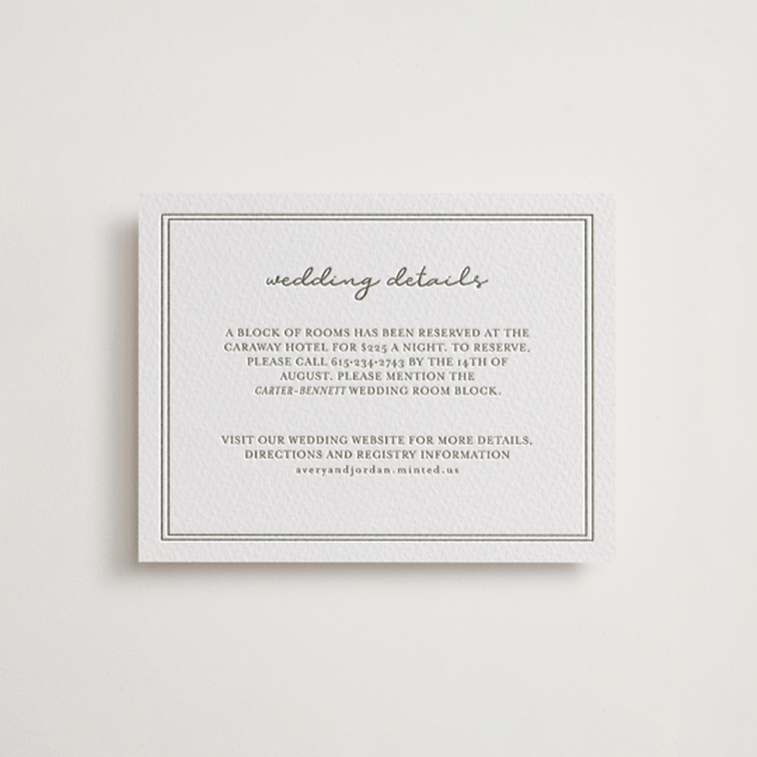 "The Verdure Suite" - Letterpress Direction Cards in Moss by Brittney Jensen - Front