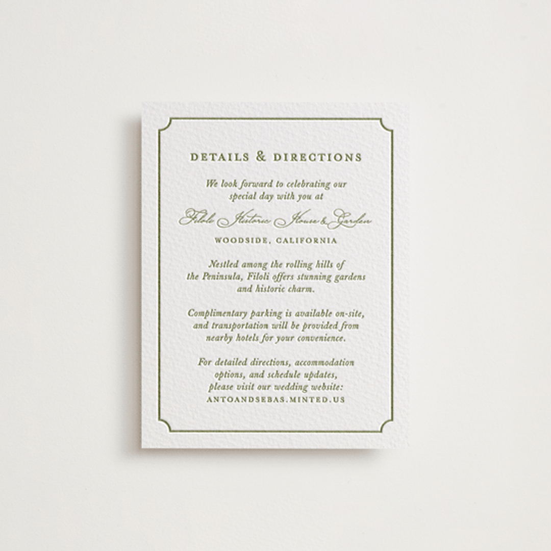 "Botanical Crest" - Letterpress Direction Cards in Pistachio by Lucrecia Caporale - Front