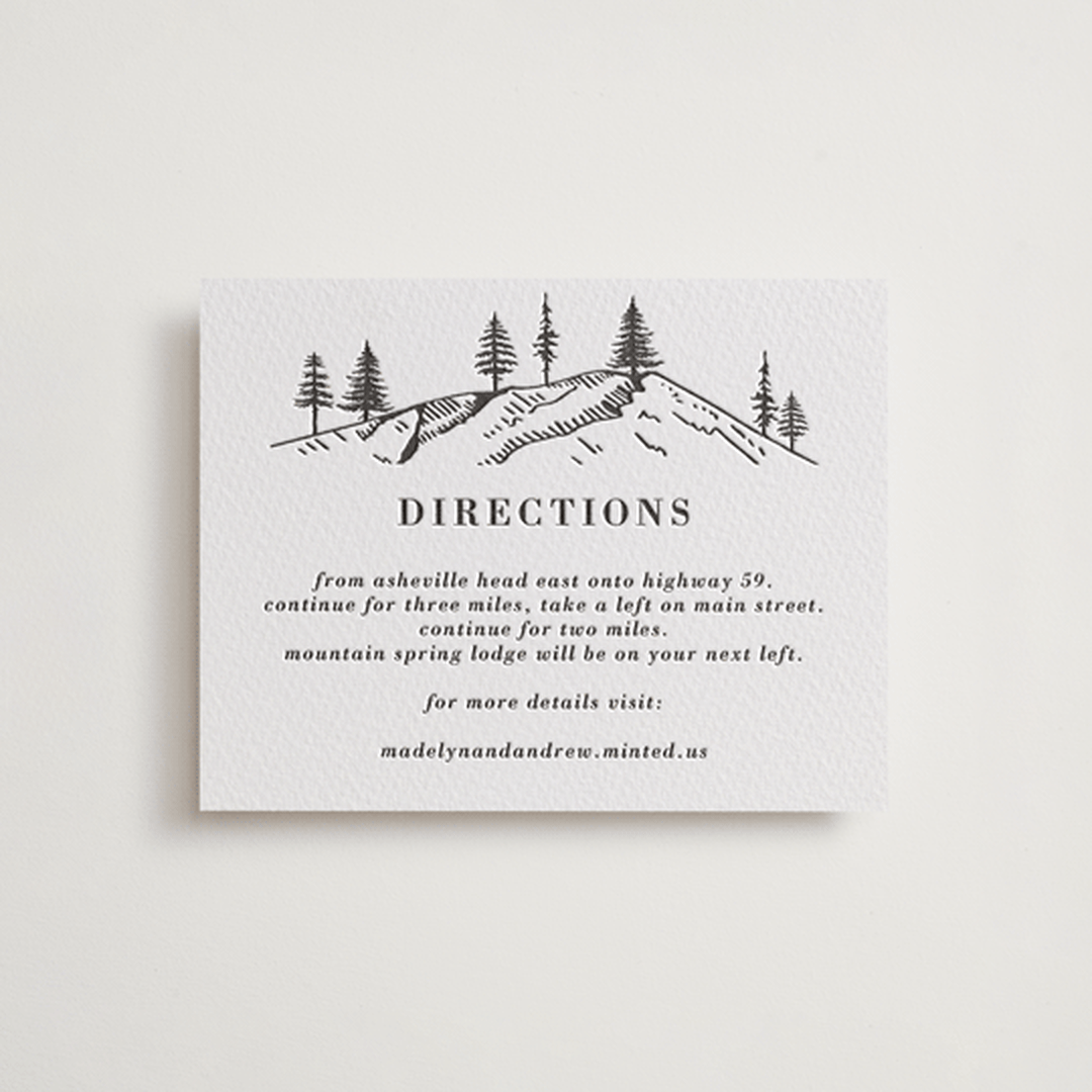 "Mountain Pines" - Letterpress Direction Cards in Soft Black by Winston Latchman - Front