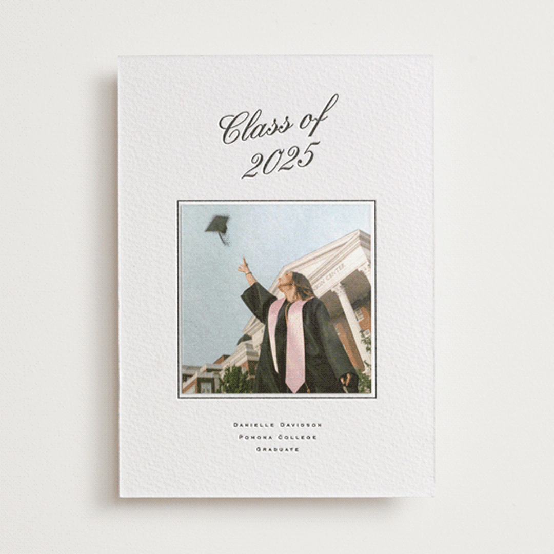 "Hayworth" - Letterpress Graduation Announcement Photo Mount Cards in Soft Black by Olivia Kanaley Inman - Front