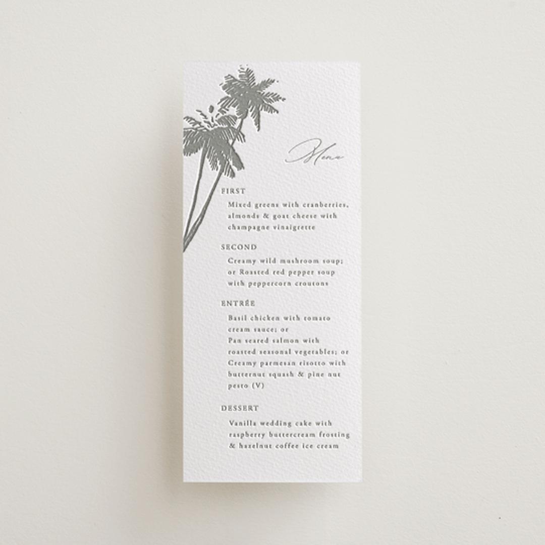 "Warm Winds" - Letterpress Menus in Ash by Janean Hinger - Front