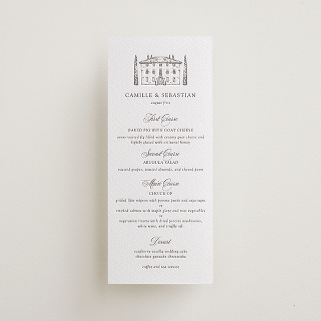 "Villa Balbiano" - Letterpress Menus in Graphite by Melinda Denison - Front