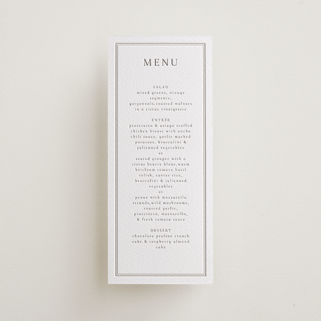 "Formal Serif" - Letterpress Menus in Dove Grey by Nicole Walsh - Front