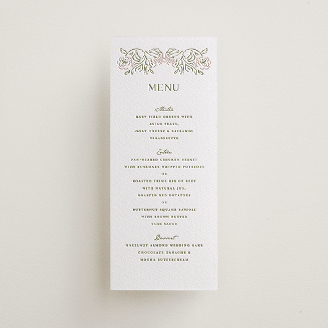 "Sketched Foliage" - Letterpress Menus in Pistachio by Susan Zinader - Front