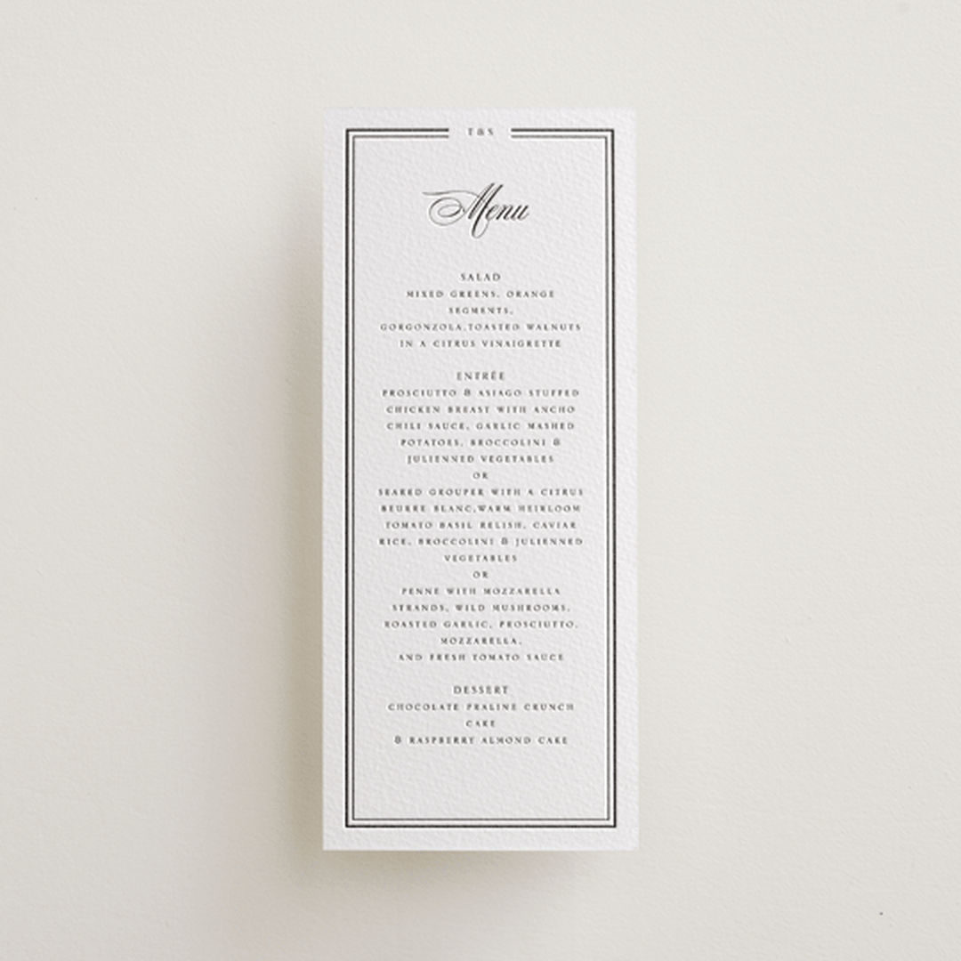 "Classic Frame" - Letterpress Menus in Soft Black by Nicole Walsh - Front