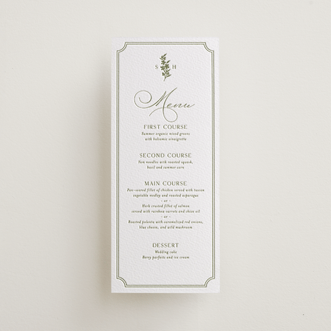 "Simply Elegant" - Letterpress Menus in Pistachio by Yaling Hou Suzuki - Front