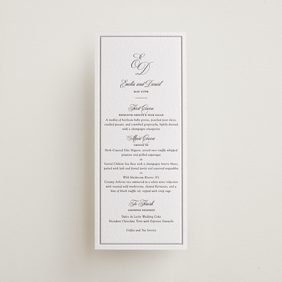 "Royal" - Letterpress Menus in Soft Black by Melinda Denison - Front
