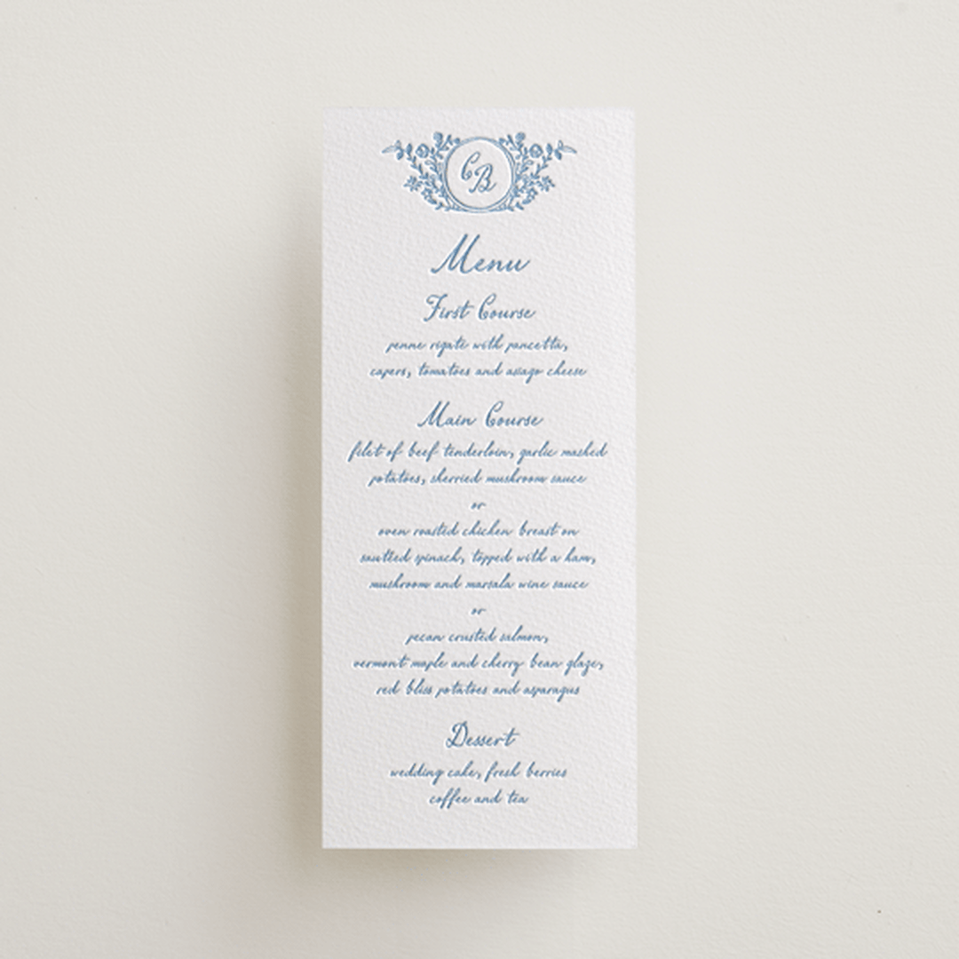 "Garden romance" - Letterpress Menus in Sky Blue by Creo Study - Front